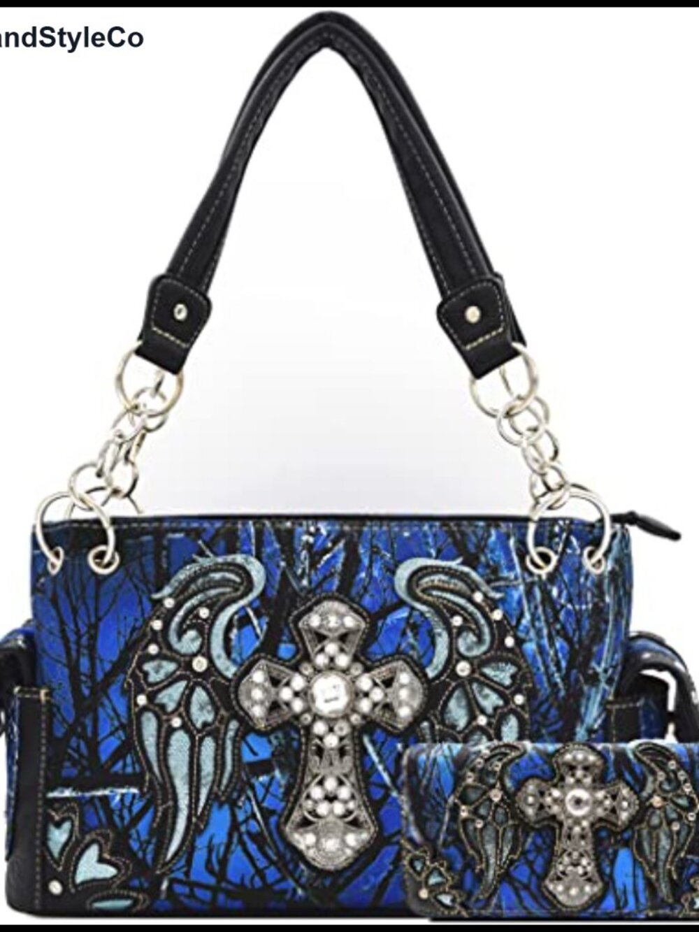 Vegan Leather Camouflage Rhinestone Cross Handbag Wallet Set Concealed Carry